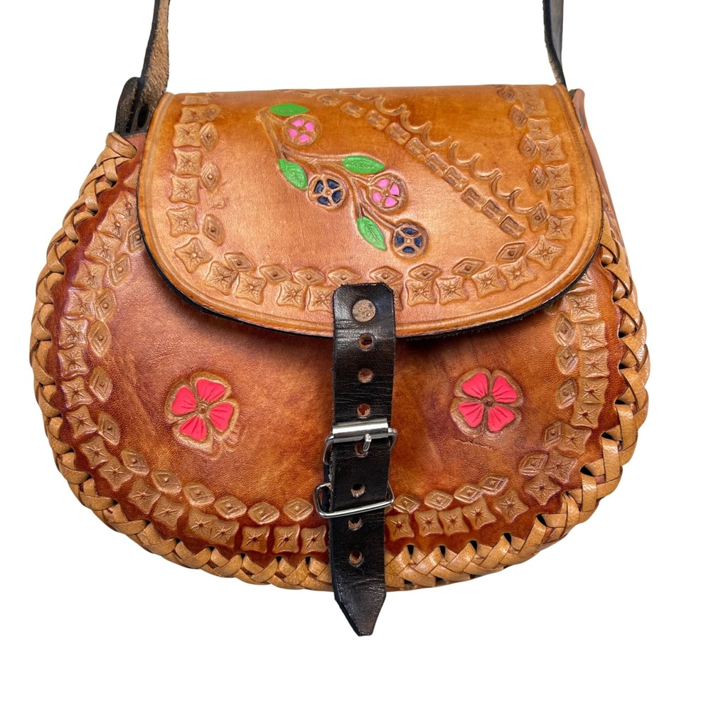 Vintage Hand Tooled Leather Crossbody Saddle Bag‎ Floral Aztec Brown Purse Boho